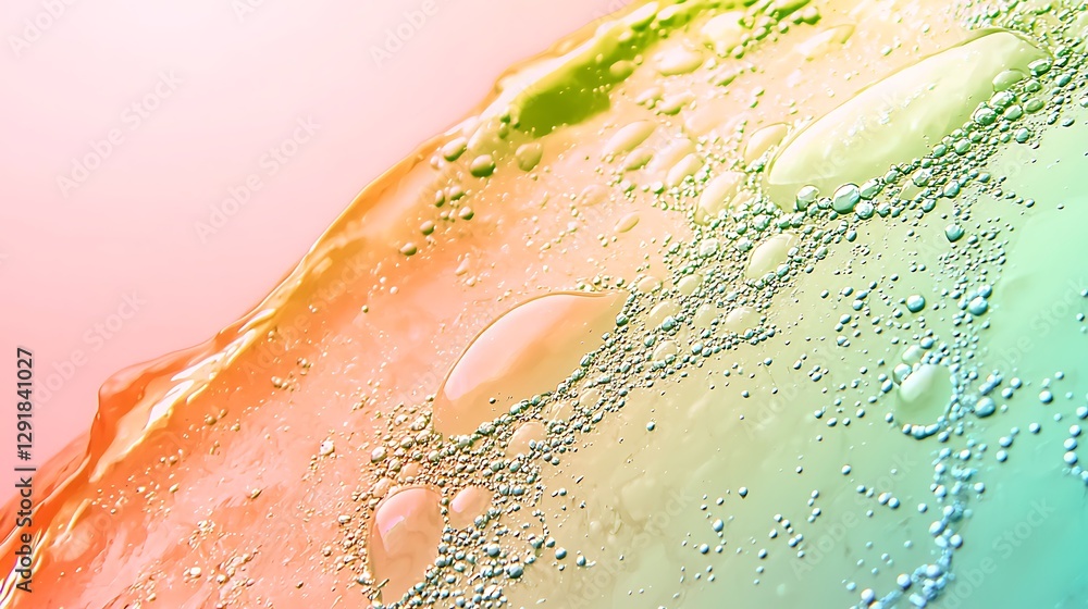 Fototapeta premium Colorful water surface with bubbles, abstract design, fluid motion, pastel background, for textures