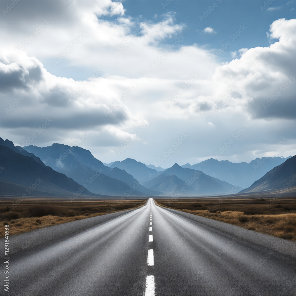 Naklejka premium Long Straight Highway Stretching Towards Distant Mountains