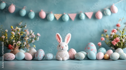 Two White Rabbits Surrounded by Pastel Eggs and Flowers in a Festive Spring S...