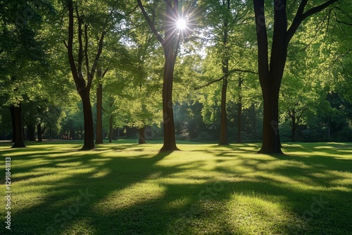 Sunlight Filtering Through Green Trees in a Serene Park Setting During the Ea...