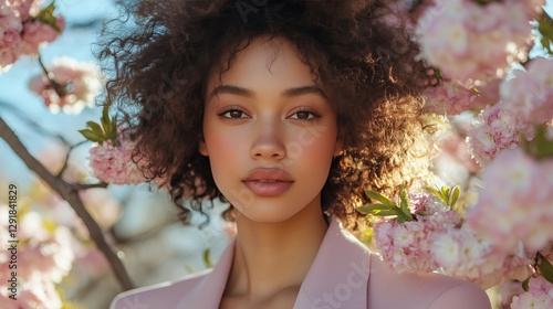 Model Showcases Elegant Outfit Against Vibrant Floral Backdrop on Sunny Day