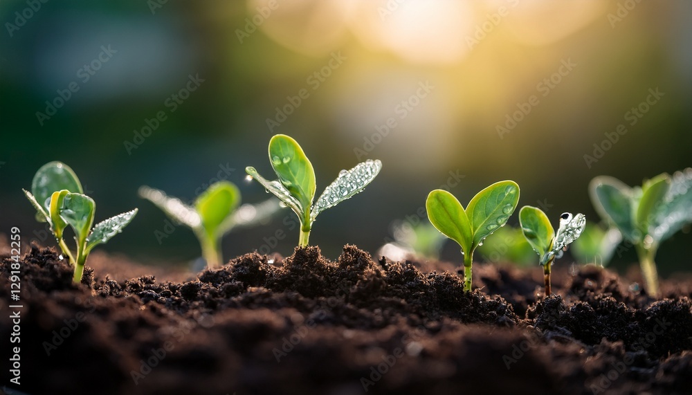 Generated imagA detailed shot of tiny green seedlings emerging from the rich, dark soil in early spring. The close-up focuses on the new growth, with droplets of water on the leaves Generated imagA detailed shot of tiny green seedlings emerging from the rich, dark soil in early spring. The close-up focuses on the new growth, with droplets of water on the leaves