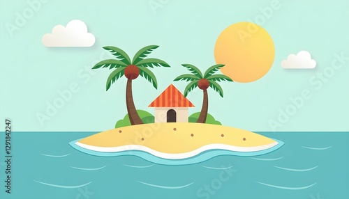 Cartoon tropical island with palm trees and sun