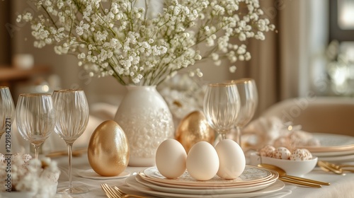 Elegant Spring Gathering With Golden Eggs and Floral Decoration in a Bright S...