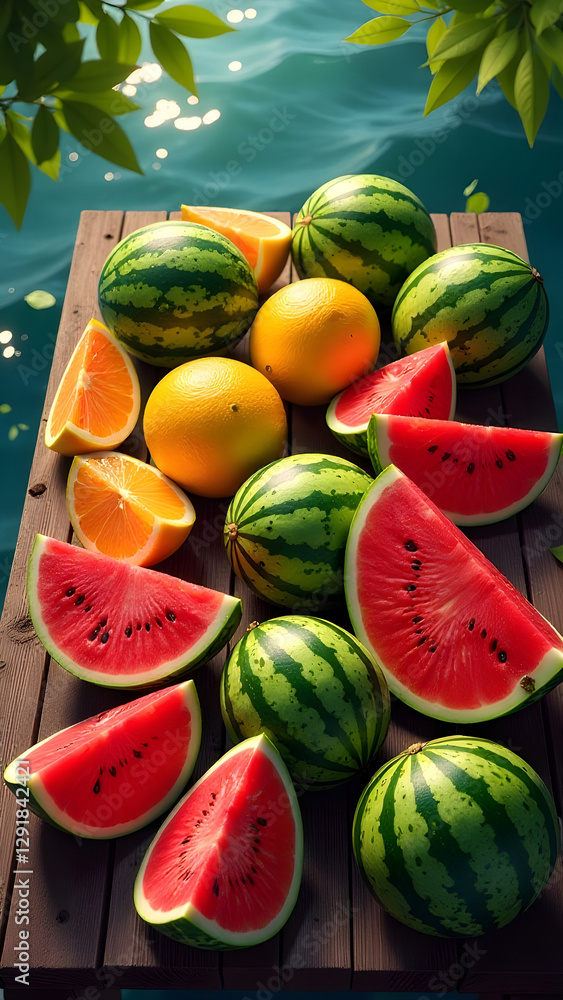 Whole and sliced watermelons on a wooden surface, water in the background. Whole and sliced watermelons on a wooden surface, water in the background.