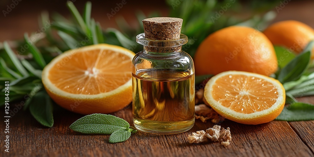 The photo shows lemongrass and lemon in front of a glass bottle with essential oil on a wooden table, surrounded by other herbs. The photo shows lemongrass and lemon in front of a glass bottle with essential oil on a wooden table, surrounded by other herbs.