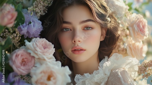 Portrait of a Young Woman Surrounded by Soft Floral Elements in a Warm, Natur...