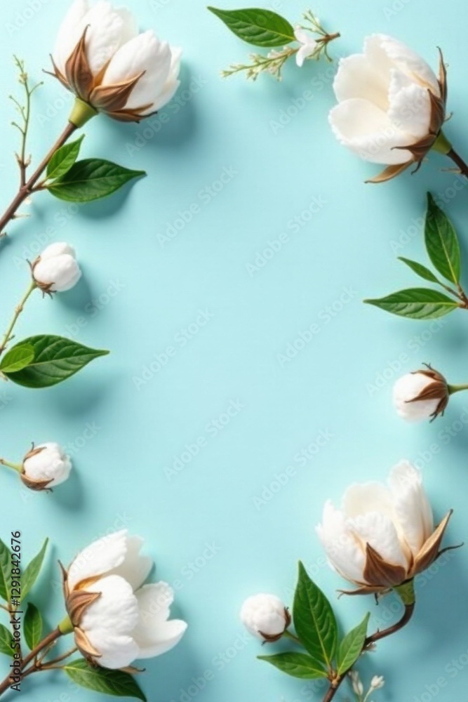 Delicate White Blooms and Lush Green Foliage Arranged in a Frame on a Pastel Background Delicate White Blooms and Lush Green Foliage Arranged in a Frame on a Pastel Background