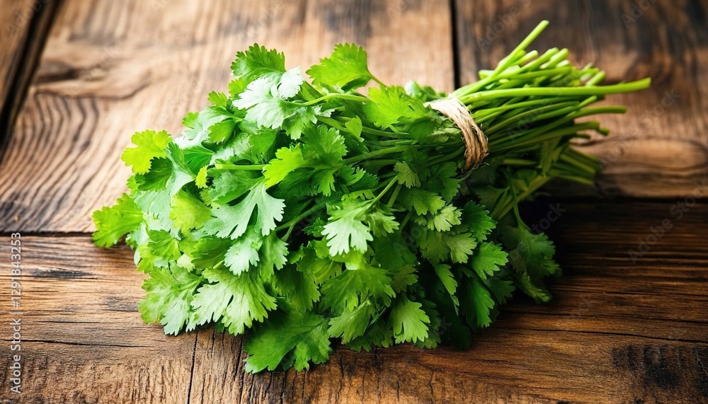 A bunch of fresh green coriander sprigs on a wooden table, a realistic photo shoot with natural lighting, an aesthetic for advertising photography A bunch of fresh green coriander sprigs on a wooden table, a realistic photo shoot with natural lighting, an aesthetic for advertising photography