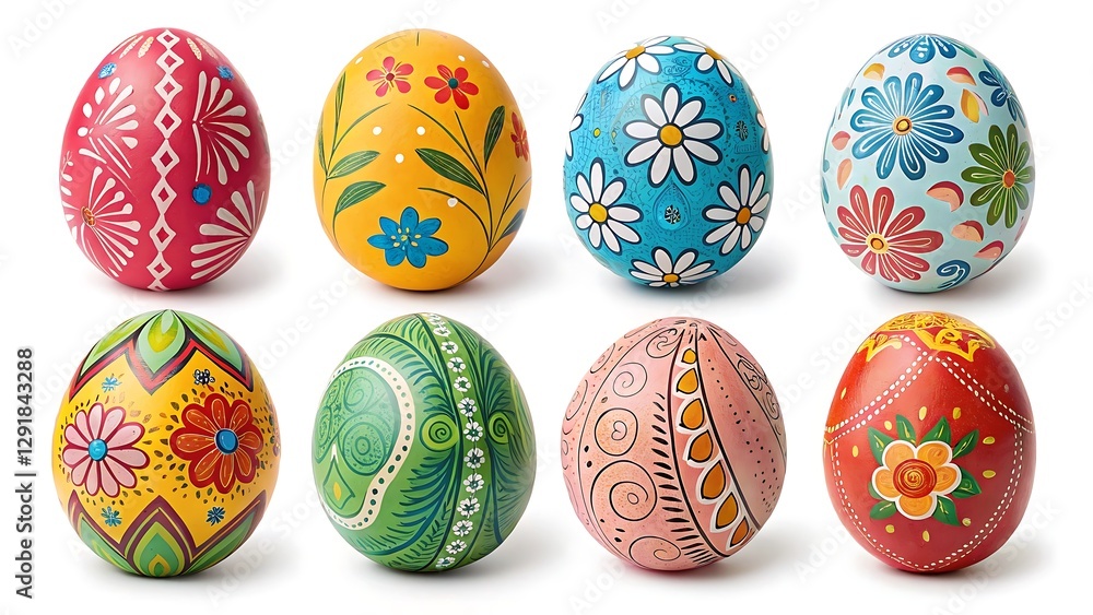 Collection of colorful hand-painted easter eggs with floral designs on white background Collection of colorful hand-painted easter eggs with floral designs on white background