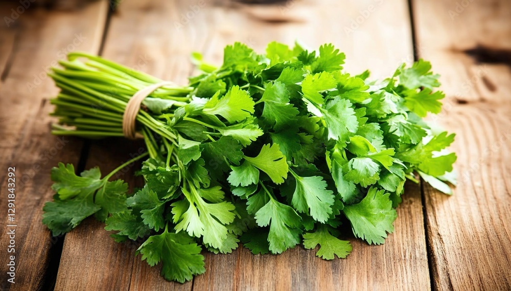 A bunch of fresh green coriander sprigs on a wooden table, a realistic photo shoot with natural lighting, an aesthetic for advertising photography A bunch of fresh green coriander sprigs on a wooden table, a realistic photo shoot with natural lighting, an aesthetic for advertising photography