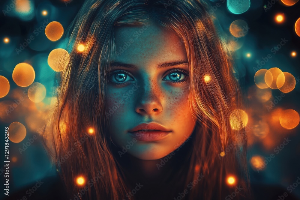A close-up portrait of a girl with freckles and blue eyes, surrounded by soft glowing lights. A close-up portrait of a girl with freckles and blue eyes, surrounded by soft glowing lights.