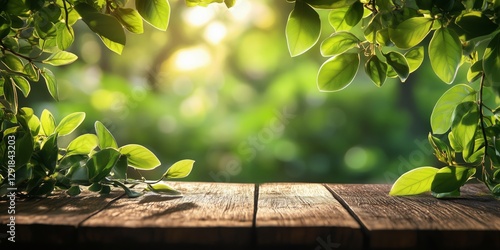 Sunlit Wooden Table Surrounded by Lush Greenery in a Peaceful Garden Setting ...