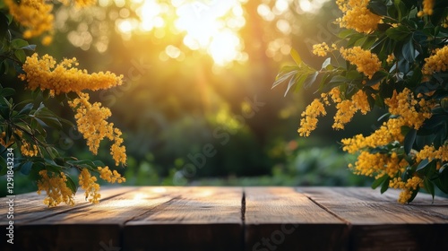 Sunlight Filtering Through Blooming Yellow Flowers on a Wooden Table in a Garden