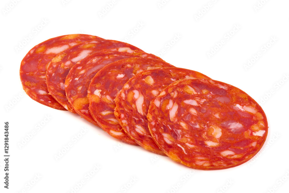Chorizo Sausage Slices Isolated on White Background. Chorizo Sausage Slices Isolated on White Background.