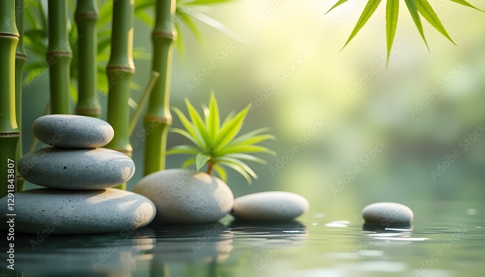 Obraz premium Serene spa setting with smooth stones, bamboo, and water feature