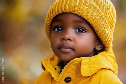 Young Child in Cozy Winter Attire Smiling in a Snowy Urban Setting During Day...