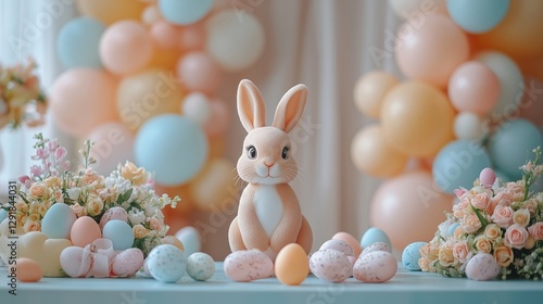 Festive Spring Celebration With Pastel Decorations and a Cute Bunny Figure