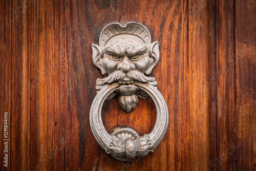 Antique metal door knocker featuring a fierce goblin or demon face biting a large ring. Mounted on a rustic wooden door, the aged patina and intricate details enhance its gothic and vintage charm