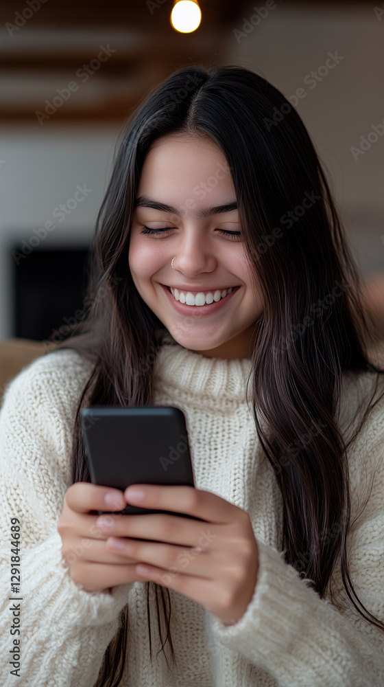 Happy young Hispanic woman smile while using smartphone and browsing online at home on a cozy couch Happy young Hispanic woman smile while using smartphone and browsing online at home on a cozy couch