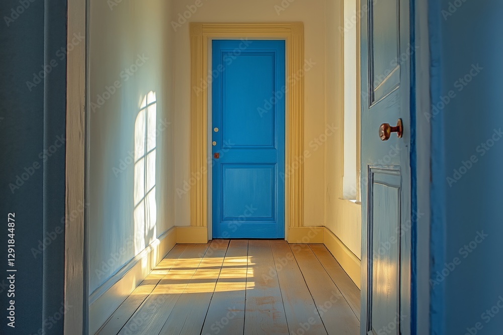 Fototapeta premium Bright Blue Door at the End of a Hallway in a Well-Lit Home Interior