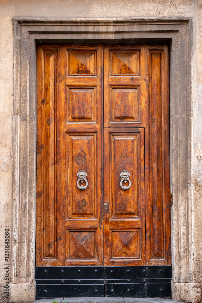 classic brown wooden door two ornate metal door knockers shaped like mustached male faces. vintage design and intricate detailing add a historic and artistic charm sense of security power classic brown wooden door two ornate metal door knockers shaped like mustached male faces. vintage design and intricate detailing add a historic and artistic charm sense of security power