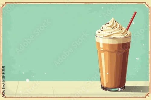 A Refreshing Iced Coffee Drink with Whipped Cream and a Straw, a Retro-Styled Beverage Illustration