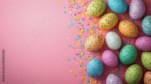 Colorful Easter Decoration Setup With Paper Honeycomb and Pastel Eggs in a Fe...