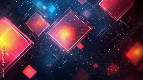 Vibrant Abstract Technology Design With Floating Squares and Colorful Light E...