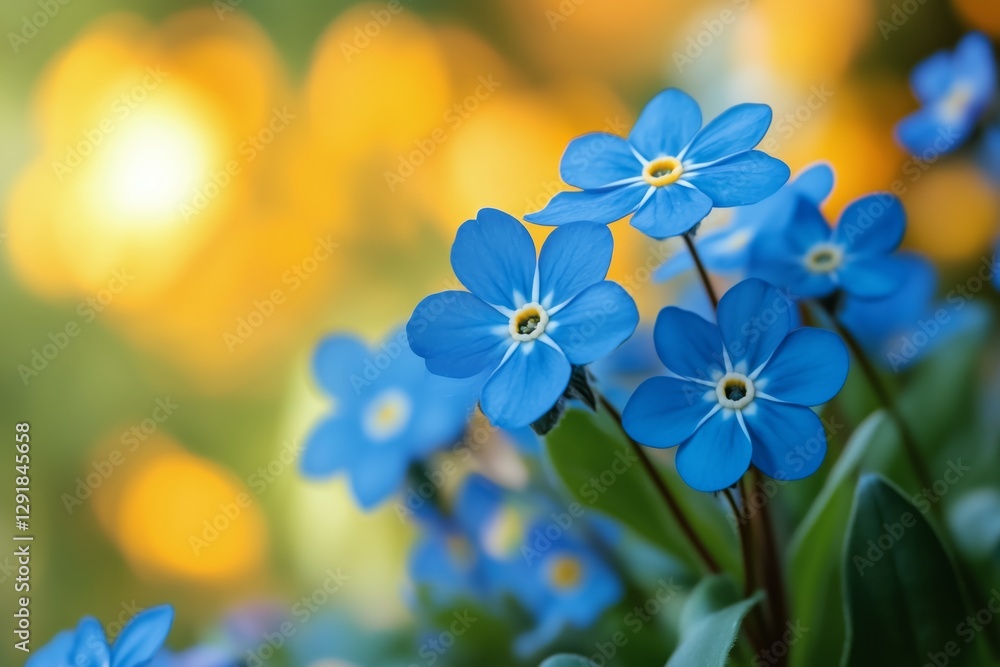 Bright Blue Flowers Bloom Among Vibrant Yellow Blossoms in a Garden During Springtime Bright Blue Flowers Bloom Among Vibrant Yellow Blossoms in a Garden During Springtime