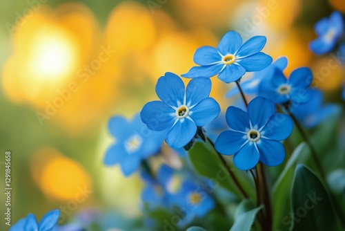 Bright Blue Flowers Bloom Among Vibrant Yellow Blossoms in a Garden During Sp...