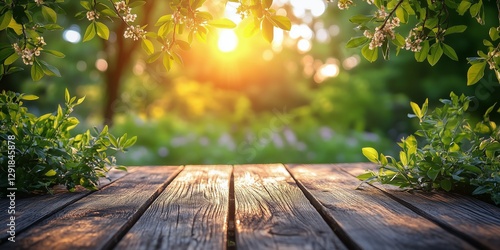 Sunlit Wooden Table Surrounded by Lush Greenery in a Peaceful Garden Setting ...