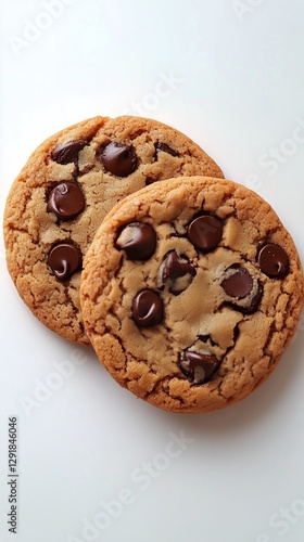 Delicious Homemade Chocolate Chip Cookies on a White Background for Dessert L...