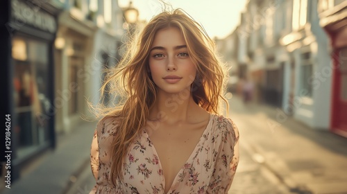 Beautiful Young Woman Walks Through a Lively Street in the Golden Hour