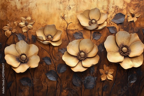 Golden Floral Wall Art Featuring Intricate Design and Vibrant Textures in Mod...