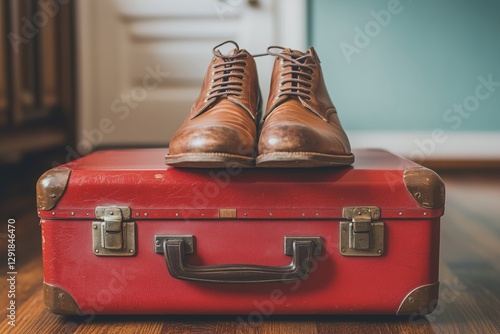 Classic Brown Shoes Resting on a Vintage Red Suitcase in a Cozy Interior Setting