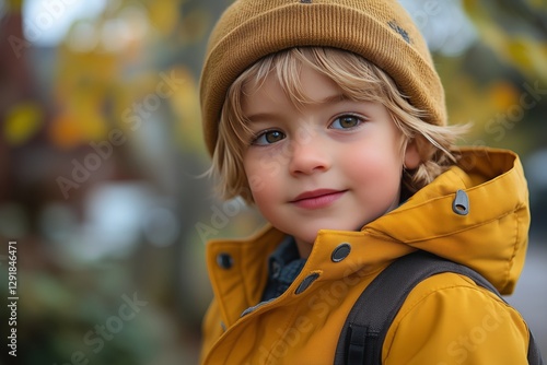 Young Child in Cozy Winter Attire Smiling in a Snowy Urban Setting During Day...