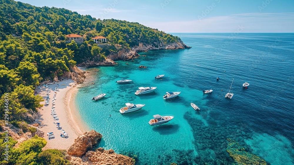 Fototapeta premium Aerial view of a pristine beach with turquoise water, boats docked along the shore 