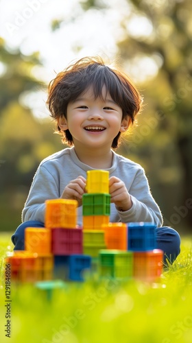 Smiling Child Plays With Colorful Building Blocks Outdoors on a Sunny Day