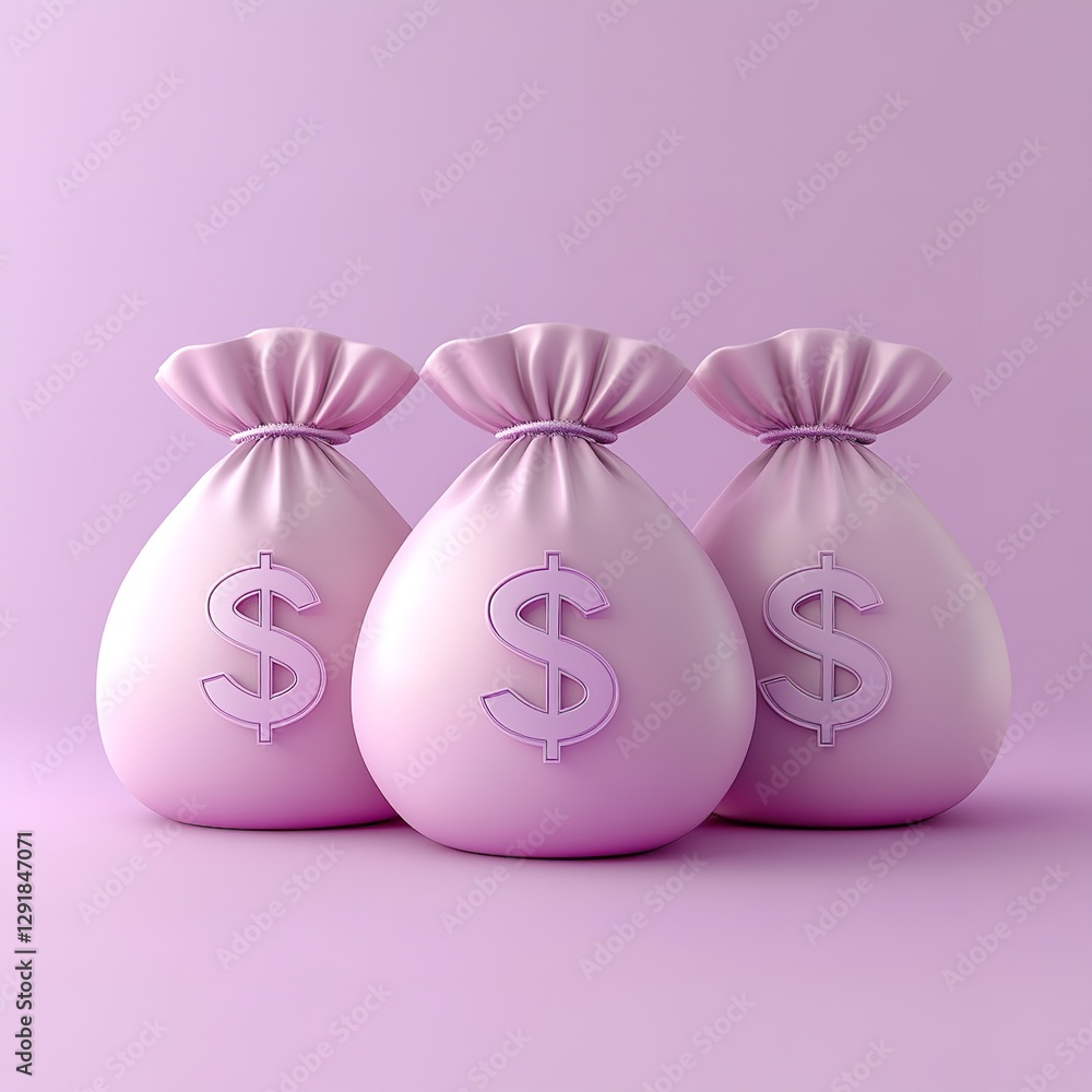 3D rendering of three colorful money bags with dollar sign on pastel purple background, minimalist concept with copy space for design