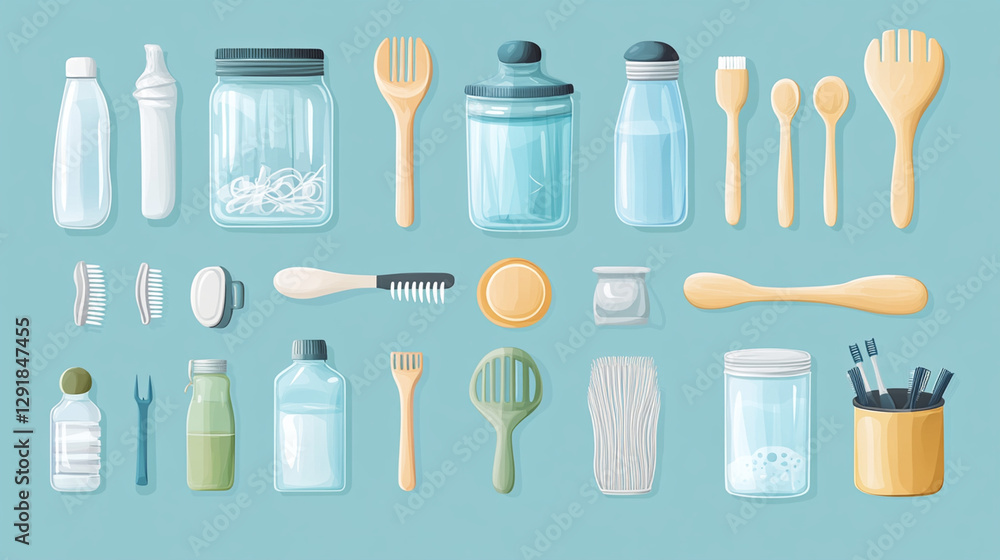 Various reusable kitchen and personal care items displayed on a light teal background. Various reusable kitchen and personal care items displayed on a light teal background.