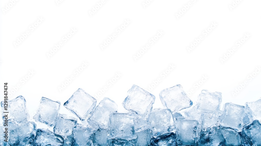 A refreshing image of clear ice cubes arranged on a white background, perfect for cooling drinks. A refreshing image of clear ice cubes arranged on a white background, perfect for cooling drinks.