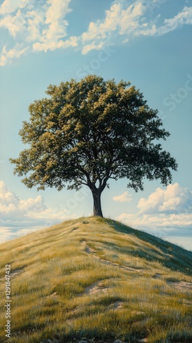 Lone Tree Standing on Rocky Hill Under Clear Blue Sky in Afternoon Light