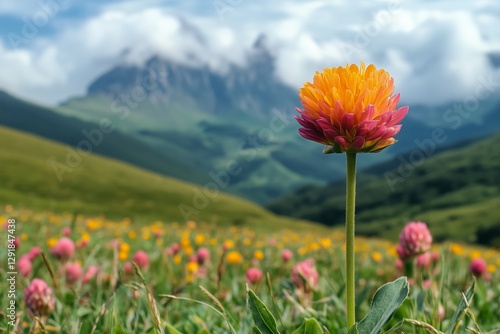 Vibrant Orange Flowers Bloom in a Lush Green Valley Under a Cloudy Sky