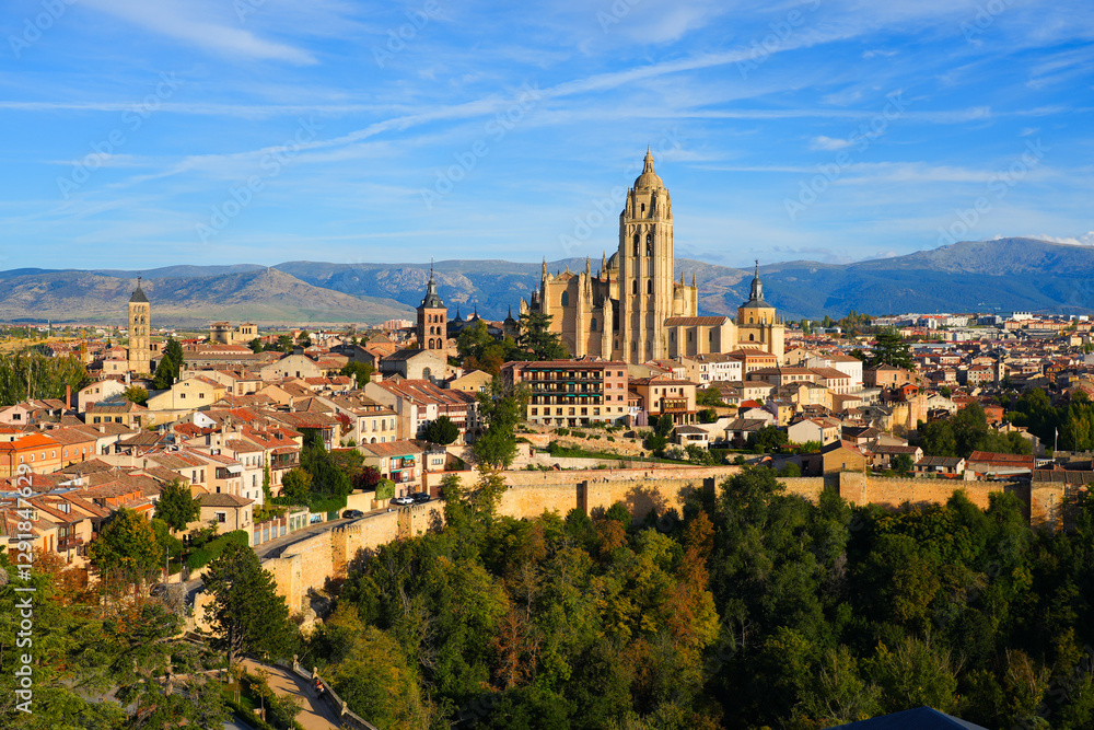 Obraz premium Aerial view of the Cathedral of Segovia dedicated to the Assumption of the Virgin Mary and to Saint Fructus in Castile and León, Spain