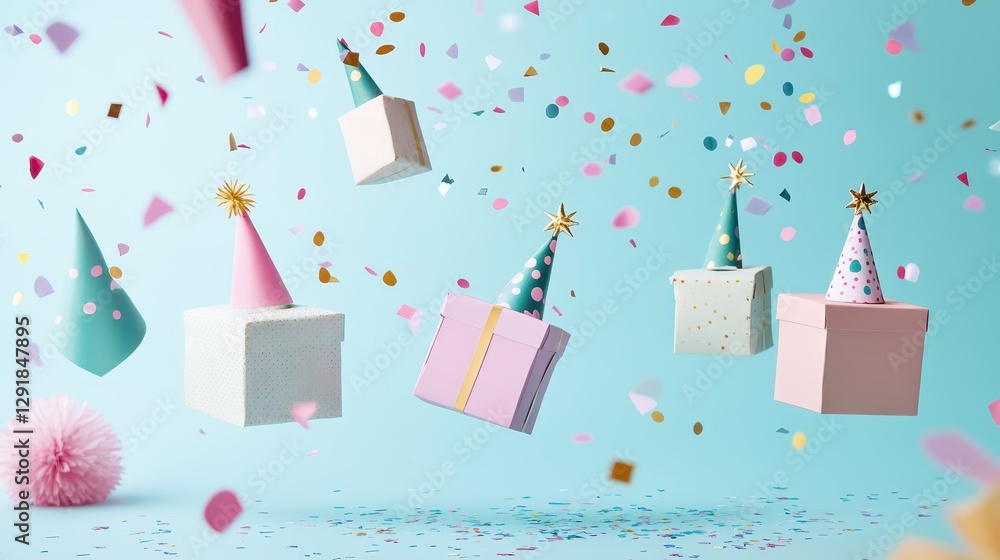 Colorful floating gift boxes with party hats amidst confetti in a festive atmosphere. Colorful floating gift boxes with party hats amidst confetti in a festive atmosphere.