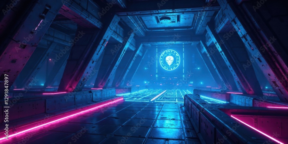 Fototapeta premium Futuristic Neon-Lit Corridor Leading to an Enigmatic Alien Symbol within a Mysterious Structure