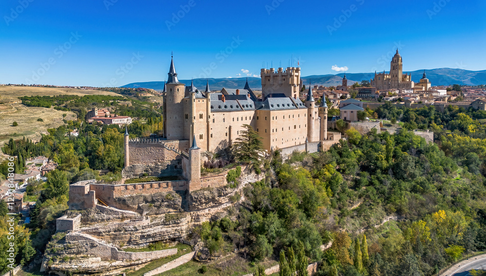 Fototapeta premium Aerial view of the Alcázar of Segovia, a medieval castle built on a rocky crag in Castile and León, Spain