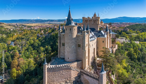 Aerial view of the Alcázar of Segovia, a medieval castle built on a rocky crag in Castile and León, Spain