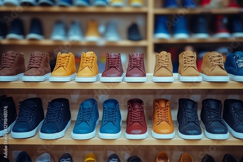 Colorful Collection of Stylish Sneakers Lined up in a Store Display Showcasin...